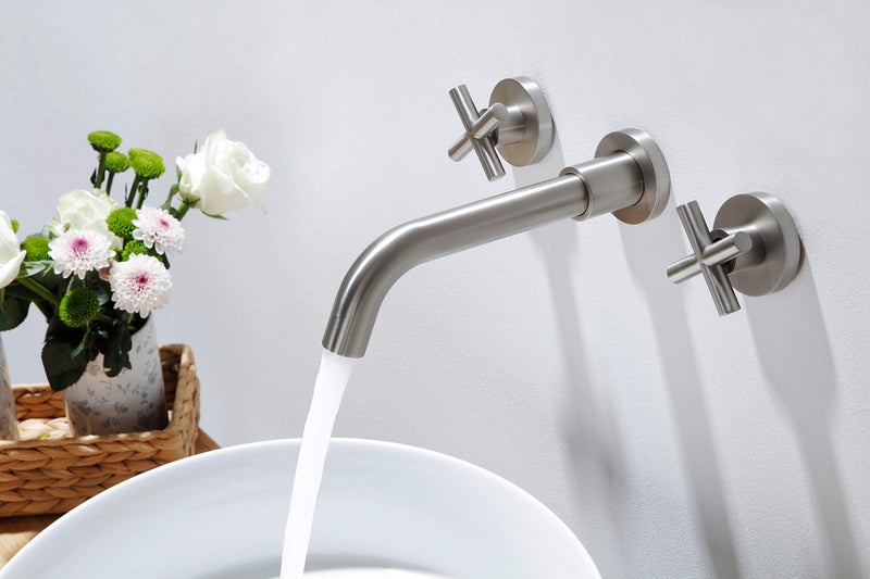 SITGES Brushed Nickel Bathroom Faucet, Double Handle Wall Mount Bathroom Sink Faucet and Rough in Valve Included (Brushed Nickel) - Image 2